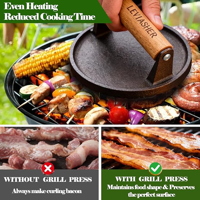 2.2lb Heavy Duty Cast Iron Grill Press, 6.69 inch Smash Burger Press Meat Steak with Wood Handle for Blackstone, Chef, Camp, Panini, Vegetable, Bacon, Sandwich, Nonstick Pan, BBQ, 2 Pack