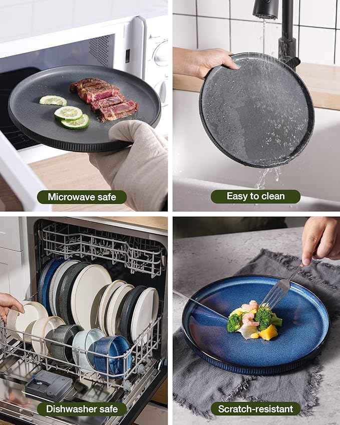 Famiware Star Dinnerware Set with Mugs, Service for 6 (24 Pieces), Ribbed Stoneware Plates and Bowls Dishes Sets - Chip & Scratch Resistant, Microwave & Dishwasher Safe, Matte Dark Charcoal