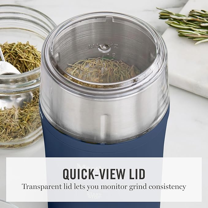 Martha Stewart Electric Coffee & Spice Grinder, Dual 2.5oz Removable Bowls, Storage Lids, Stainless Steel Blades, One Touch Pulse Control, 2-in-1 Compact, Beans & Spices, Herbs & Nuts, Indigo Blue