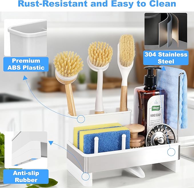 Kitchen Sink Caddy Organizer, Stainless Steel Sponge Holder, Kitchen Caddy Sink Organizer with Dish Brush Holder and Dishcloth Rack, Rustproof Dish Sponge Drying Rack for Countertop Storage