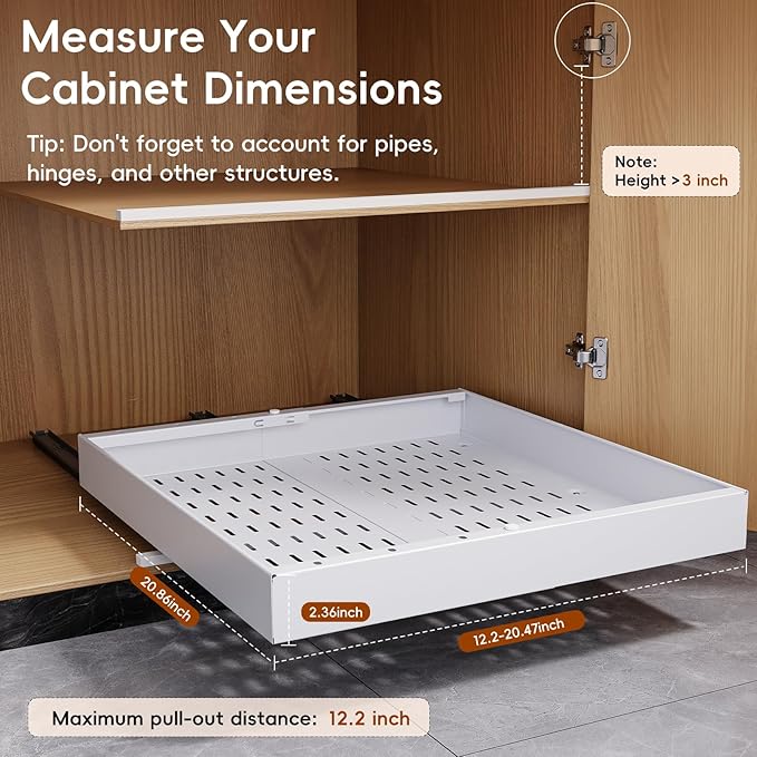 OneDream 4 Pack Pull Out Cabinet Organizer, 21" Deep Slide Out Drawers for Kitchen Cabinets, No Drill Adhesive Pull Out Drawers for Cabinets, Roll Out Shelves Adjustable Width 12.05"-20.4"