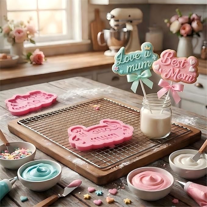 2Pcs Mothers Day Fondant Mold,Pink Love Mom Silicone Resin Mole Best Mom Chocolate Mold Silicone Molds Baking Tool for Candy Cake Polymer Clay Making,Mothers Day Birthday Gift Making Party Supplies