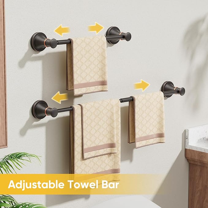 BESy Adjustable Bronze 16 to 26 Inch Bath Towel Bar Rack for Bathroom Towel Holder, Wall Mounted Towel Bar Rod Hanger Bathroom Hardware Accessories Hotel Style, Stainless Steel, Oil Rubbed Bronze