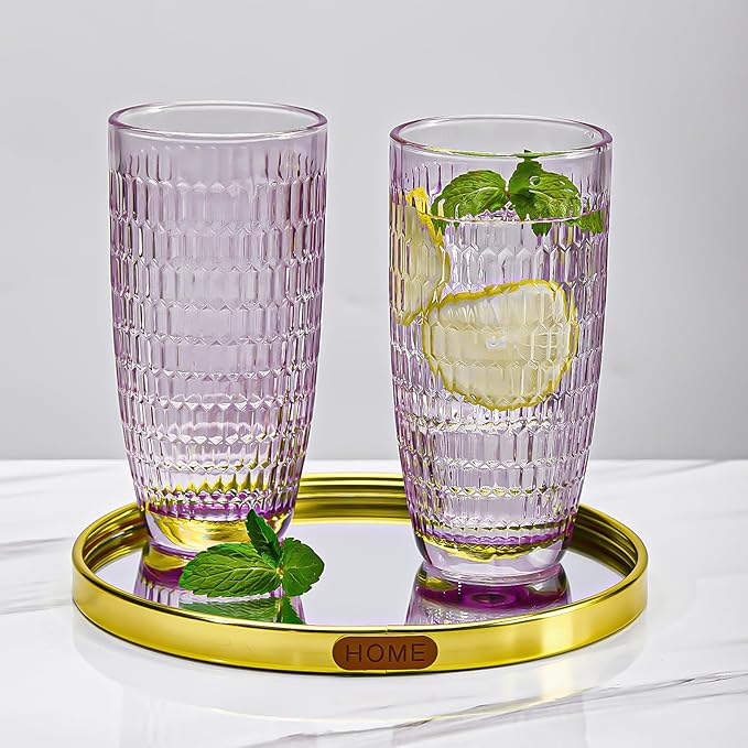 CREATIVELAND Highball Beverage Glasses Set of 6 Romantic Colored Thick & Heavy Base Big Capacity 14.87oz|440ml, Drinking Glass Tumblers for Iced Tea, Water, Soda & Juice and Cocktails (Purple)