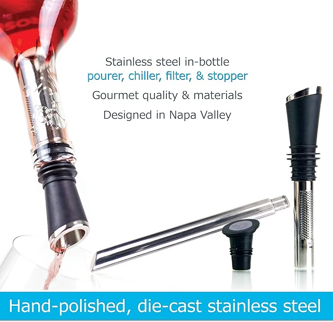 Soireehome Tempour Gourmet Aerator, Filter, Stopper, and Chiller for Wine and Liquor- Gift for Hosting, Perfect For Wine Tasting and Parties