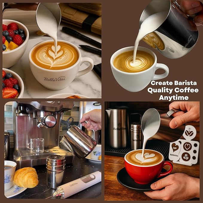 Milk Frothing Pitcher Set 20oz/600ml, 304 Stainless Steel Milk Frother Cup with Cocoa Shaker, Latte Art Pen, Stencils, Espresso Machine Accessories & Coffee Barista Tools Latte Pitcher Gift