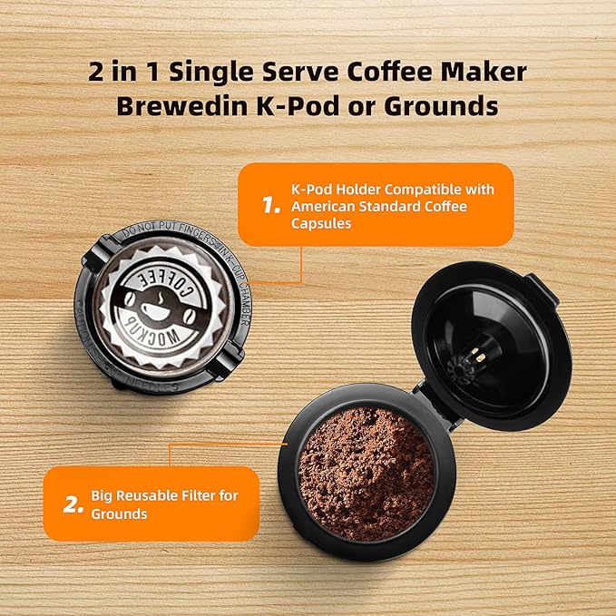 Horavie Mini Single Serve Coffee Maker for K Cup Pods and Ground Coffee, Fast Brew One Cup Coffee Machine with Descaling Reminder and Water Window, 6 to 12 oz. Brew Sizes, Gray