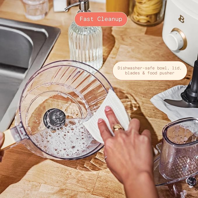Beautiful by Drew Barrymore 10-Cup Food Processor, 500-Watts, Variable Speed, Pulse, 3" Wide Feed Tube, Stainless Steel Blades, Dishwasher Safe, Large Bowl, Accessories Included (White Icing)