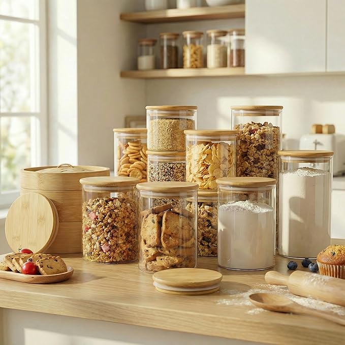 HomArtist Extra Large Glass Flour and Sugar Storage Containers with Airtight Lid,132 floz x1 & 65 floz x1 [Set of 2] Big Glass Jars with Bamboo Lids, Air Tight Food Jar for Cereal, Pasta, Rice, Coffee