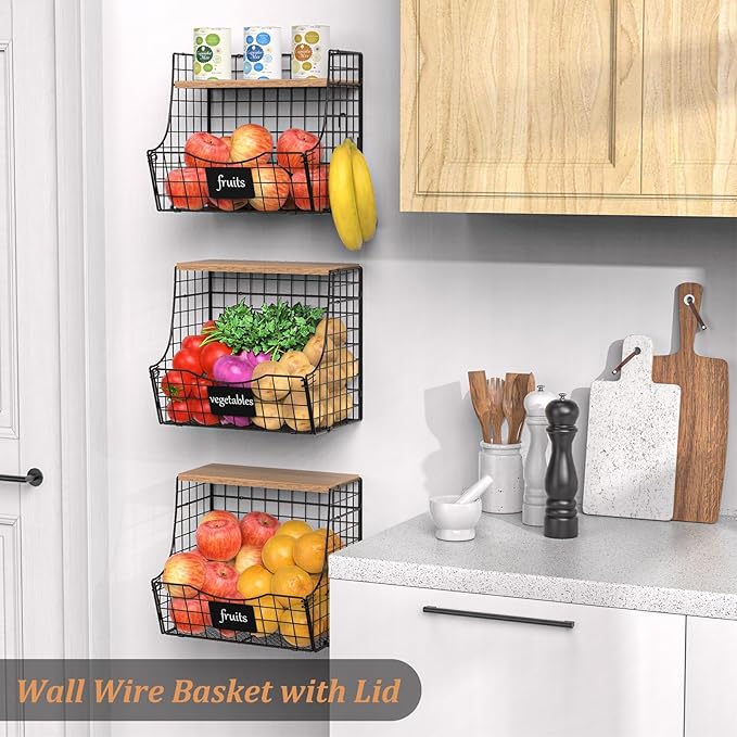 3 Pack wire Fruit Basket for Kitchen with Wood Lid - Counter&Wall Mounted Onion and Potato Storage with Nameplate, Hanging Baskets for Vegetable,11.81 * 10.63 * 8.66 Inch