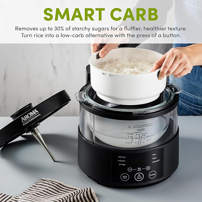 Aroma Housewares Professional 8-Cup (Cooked) SmartCarb Multicooker and Flavor-Lock Food Steamer for Low-Carb Rice and Grains, Glass Inner Pot, Black (AMC-800), Transparent Glass, 4 Cup Uncooked Rice