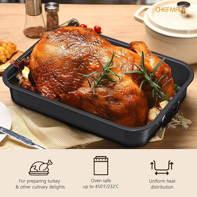 CHEFMADE Roasting Pan with Rack, 15 Inch Deep Roasting Pan, Deep Lasagna Pan for BBQ Vegetbale and Meat 15.4" x 11.2" x 2.3" (Black)