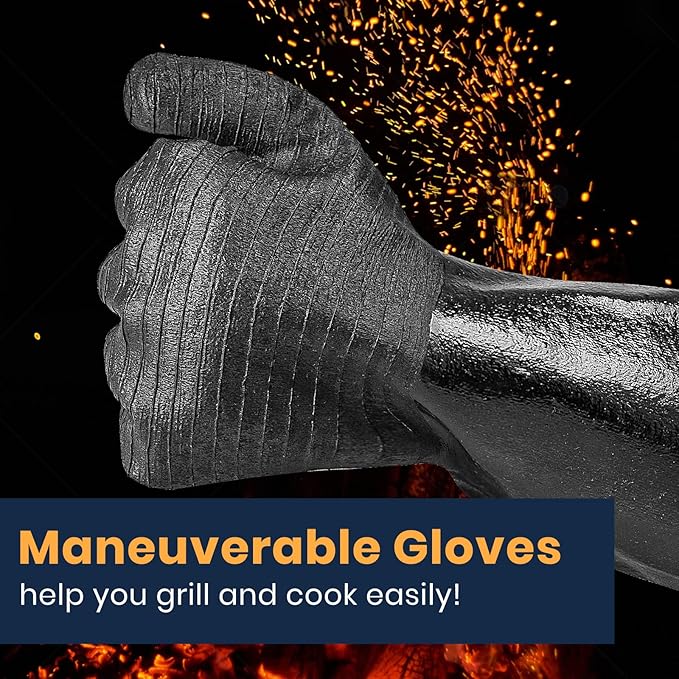 GEEKHOM 14-Inch Heat Resistant Gloves 932°F for BBQ Grilling, Waterproof Long Sleeve Anti-Slip Cooking Gloves – Textured Grip Protection
