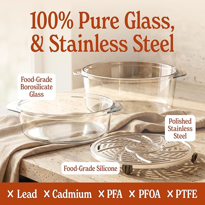 MAGNIFIQUE Glass Air Fryer, Non Toxic Air Fryer with 4.5QT & 2.5QT Glass Pots, Borosilicate, Stainless Steel, Air Fry, Bake, Re-Crisp & MaxCrisp, Oatmeal