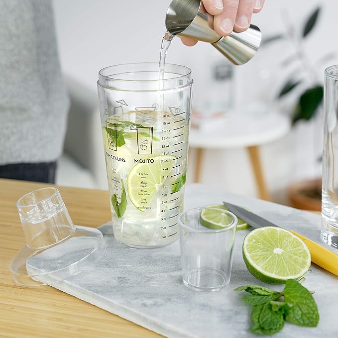 True Maraca Cocktail Shaker with Built In Strainer, Drink Mixer with 7 Classic Drink Recipes & Measurements, Perfect for Game Nights, BBQ, House Party, Picnic, Home Bar Accessories, 16 oz, Set of 1