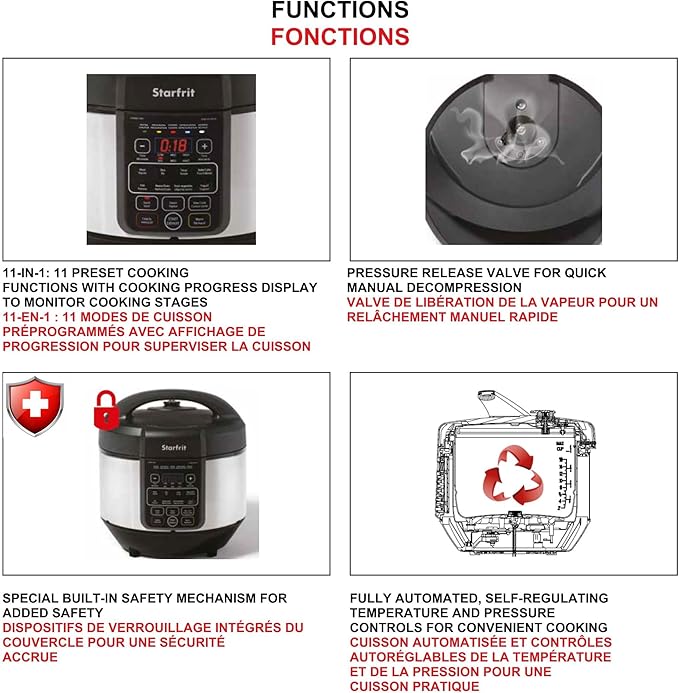 Starfrit Electric Pressure Cooker - 8L Capacity - Steam Tray, Measuring Cup & Spatula - 11 Preset Cooking Functions