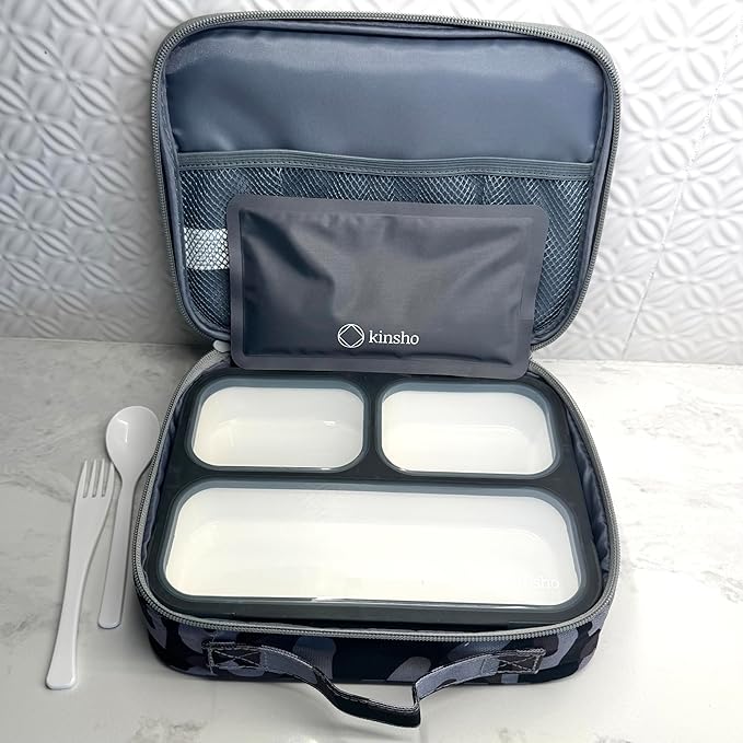 kinsho Camo Lunch Boxes for Boys Teens Adults - Bento Box Set with Insulated Bag and Ice Pack, 3 Compartment Leak Proof Food Container, BPA-Free, Microwave Safe, Ideal for School & Work, Black Gray