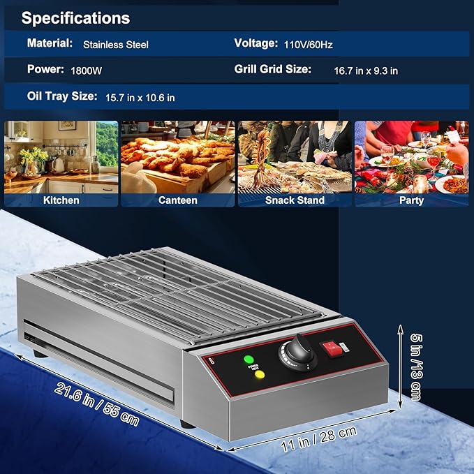 GarveeHome Electric Indoor Grill, 1800W Commercial Portable BBQ Grill Smokeless Countertop Grill with Removable Griddle, Stainless Steel, for Restaurant Home Camping Party Picnic