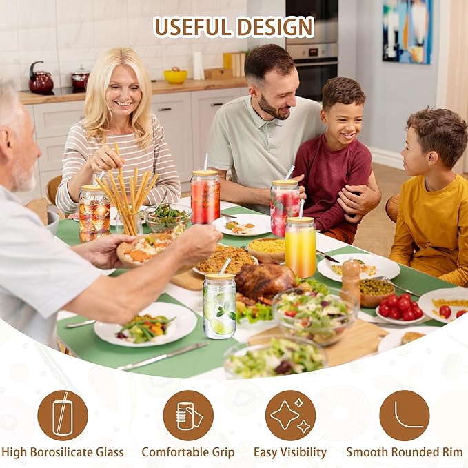 PeacePeo 16 OZ Glass Cups with Lids and Straws, 20 Set Can Beer Glass Cups with Bamboo Lids Cute and Reusable Drinking Glasses with Lid Ice Coffee Glasses Great for Beer, Cocktail, Tea and Latte