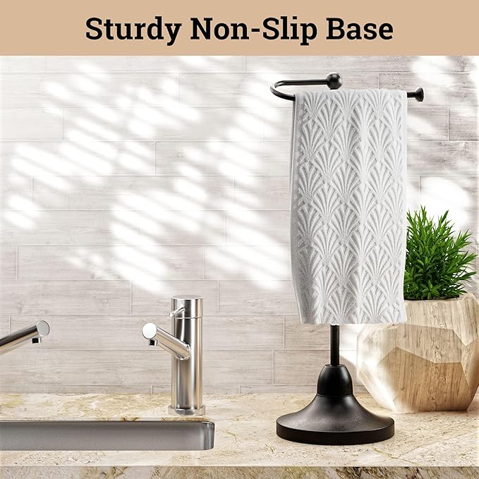 Hand Towel Holder for Bathroom Countertop - 17 Inch Tall Black Free-Standing Hand Towel Stand for Bathroom Counter - Non-Slip Base for Sink Top - Holds Full Size Handtowels, Fingertip, Washcloth