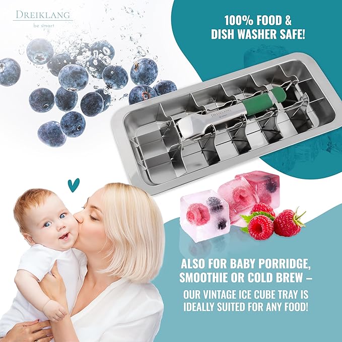 Stainless Steel Polished Set 2-Pack Ice Cube Tray for freezer Ice Cube Tray with Lever Insert |Easy Release with cold-insulated comfort grip | Food-Safe & Durable Ice Cube Maker