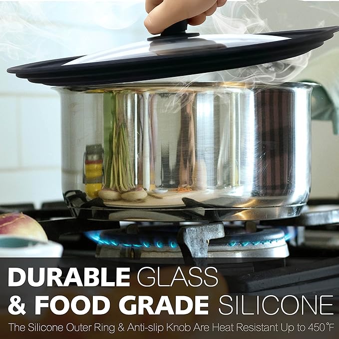 Anaeat Silicone Universal Lid for Pots, Pans and Skillets - Tempered Glass Covered with Heat Resistant Silicone Rim Fits All 6" to 11" Diameter Cookware -Easy to Use Replacement Frying Pan Cover
