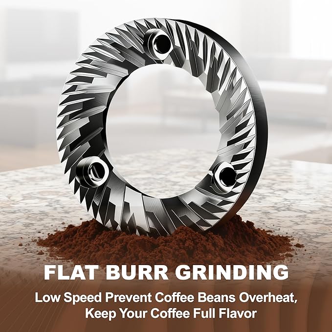 Electric Flat Burr Coffee Grinder, Compact Coffee Grinder for Home Use, Burr Mill Grinder with 17 Precise Grind Settings, 7oz Large Hopper, Removable Burr & Coffee Container