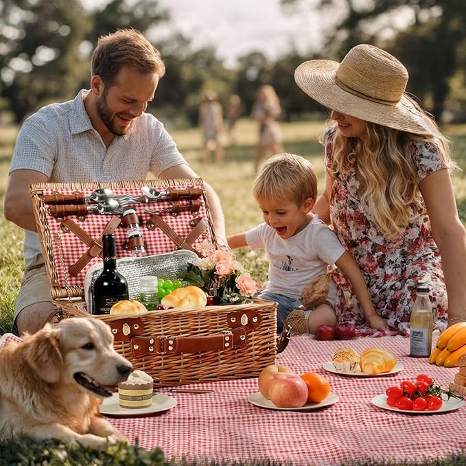 Wicker Picnic Basket Set for 4 Person with Cooler Compartment and Waterproof Picnic Blanket,Removable Strap,Wine Bag,Cutlery Set,for Camping,Day Travel,Beach,Hiking,BBQ and Family/Couples Gifts (Red)