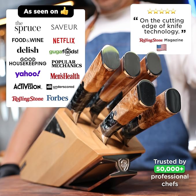 DALSTRONG Knife Block Set - 5 Piece - Valhalla Series - Ravenstone Black Blade Titanium Coated - Premium 9CR18MOV HC Steel - Resin & Wood Handle - Razor Sharp - Kitchen Cooking Chef's Knife