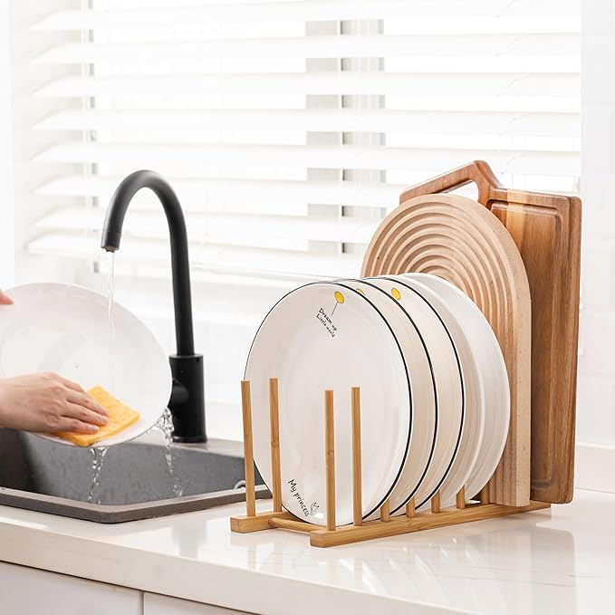 HBlife 4pcs Heighten and Widen Bamboo Dish Dying Rack Pot Lid Plate Organizer Holder for Cabinet, Cutting Board Stand Drainer Storage Plate Rack for Dish, Pot Lid, Bowl, Cup, Cutting Board and Books