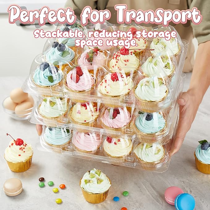 Gencywe (12 Pack x 20 Sets) Stackable Cupcake Carrier with 240 Pack Liners, Plastic Cupcake Boxes Holders for 12 Cupcakes, High Tall Dome Lid Cupcake Containers, Clear Disposable Cupcake Trays
