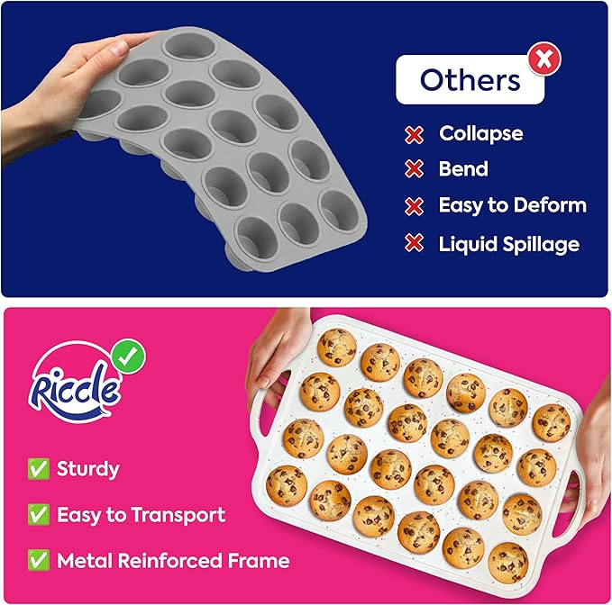 RICCLE 2 Pack Silicone Mini Muffin Pan with Metal Reinforced Frame, 24-Cup Mini Cupcake Pans, Mini Muffin Silicone Molds, Silicone Muffin Pans for Baking - Oven & Dishwasher Safe, BPA-Free