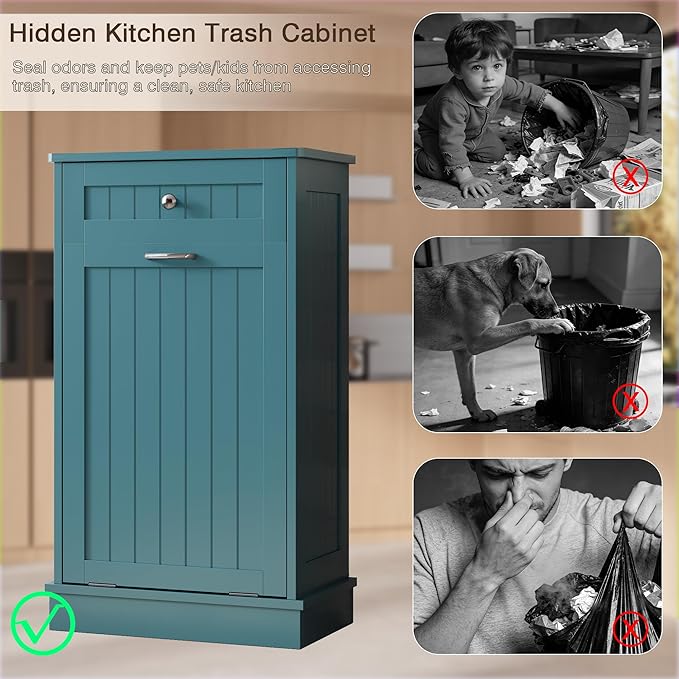 KIGOTY Tilt Out Trash Cabinet,Wooden Kitchen Trash Bin Holder Garbage Bin Recycling Cabinet Laundry Hamper with Solid Wood Countertop and Hideaway Drawer (Teal Blue)