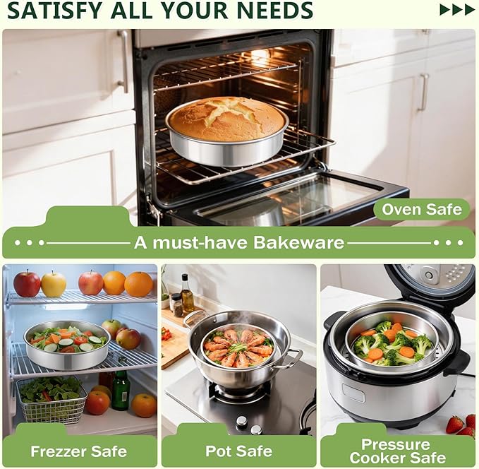P&P CHEF 9 Inch Cake Pan Set of 3, 3 Pieces Round Layer Cake Baking Pans, Stainless Steel Smash Cake Tin Bakeware for Cooking Steaming, Nontoxic & Sturdy, Oven & Dishwasher Safe