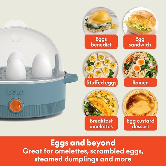 bella Electric Egg Cooker, 7 Eggs Capacity Tray, Single Stack, for Poached, Scrambled, Hard, Medium & Soft Boiled Eggs, Omelets and Steamed Dumplings, Auto Shutoff, 360 Watt, Surf