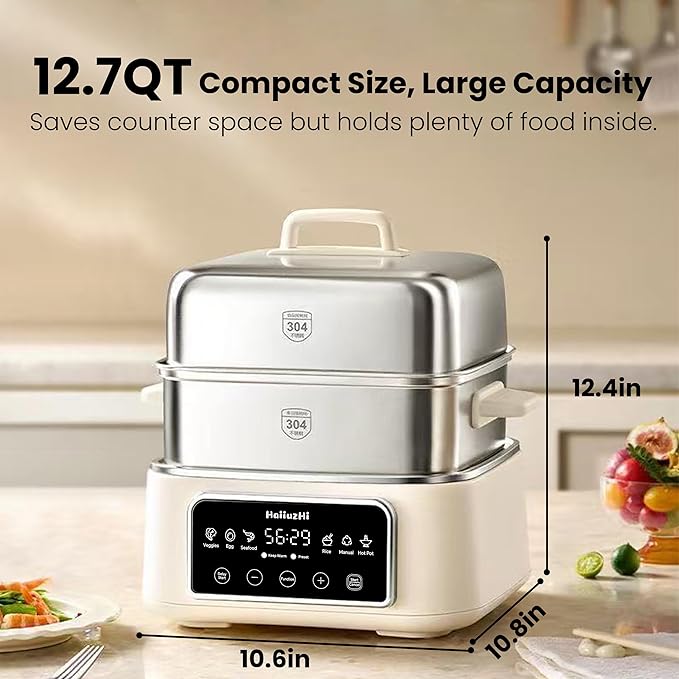 Electric Food Steamer 12.7 QT, Double-Tier 8-in-1 Vegetable & Meal Steamer, Stainless Steel, Timer & Keep Warm, Boil-Dry Protection, Healthy Cooking Kitchen Steamer