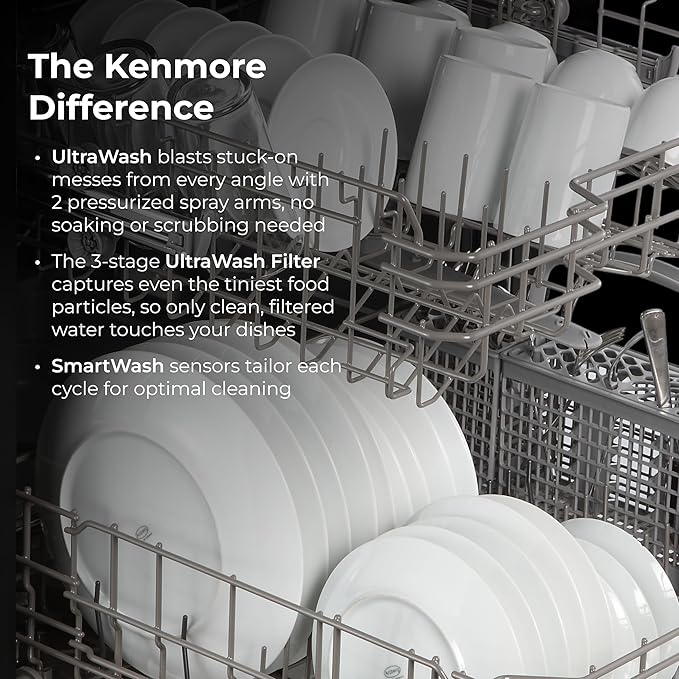 Kenmore 24" Premium Hybrid Tub Dishwasher - UltraWash, MoreSpace Adjustable Rack, High Temp & SmartWash - 12 Place Settings - 54 DBA - ENERGY STAR Certified - Fingerprint Resistant Stainless Steel
