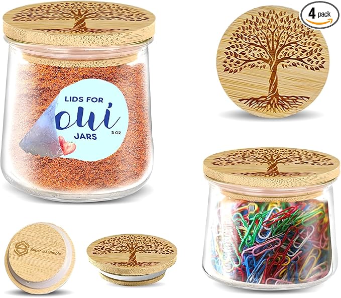 Oui Yogurt Jar Lids – Choose a Design, 4-24 Pieces, Bamboo, Silicone, or Stainless Steel | Tops That Fit Yoplait Oui Glass Jars | Bamboo Oui Jar Covers | Oui Yogurt Storage Lids - Tree of Life 4 pack