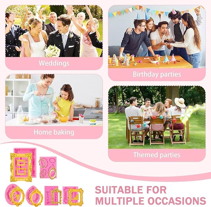 6 PCS Photo Frame Silicone Molds Frame Chocolate Silicone Molds Vintage Style Picture Frame Moulds for Cake Decorating Cupcake Topper Chocolate Candy Polymer Clay