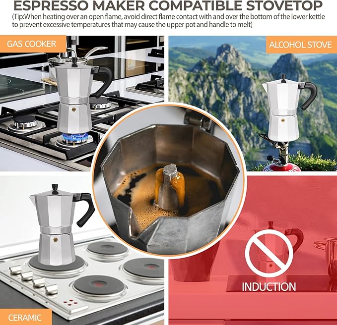 Aluminum 9 Cup 450ml Moka Pot Express Coffee Maker Stovetop Espresso Percolator Coffeemaker Italian Classic Style Brewing Greca Cafe Mocha Machine for Cafeteras Lover Camping Travel and Home Use 15oz