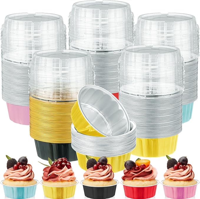 Tessco for you 100 Pcs Disposable Ramekins with Lids 8 oz Creme Brulee Ramekin Aluminum Foil Cup Cupcake Liner Baking Valentines Disposable Muffin Tin Pan Cheesecake Container (Multi Colors)