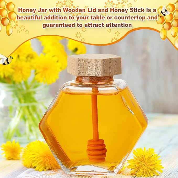 Sunnyray 20 Pcs Glass Honey Jars with Dipper Hexagonal Clear Glass Dispenser Small Honey Containers Bottle with Wooden Dipper and Cork Lid for Home Storage Kitchen (220 ml)