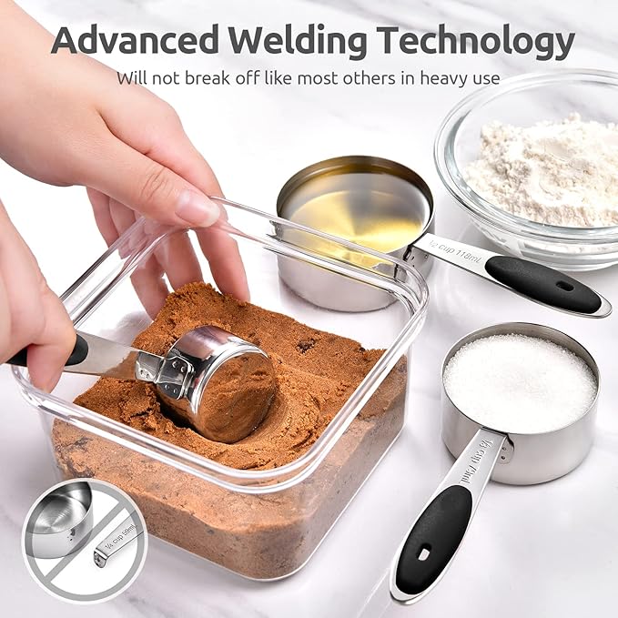 U-Taste Measuring Cups Spoons Set: 18/8 Stainless Steel 12 Pieces Stacking Kitchen Baking Cooking Food Measure Scoop Set, 7 Cups & 5 Spoons with Strengthened Weld Joints (Black, Upgraded Version)