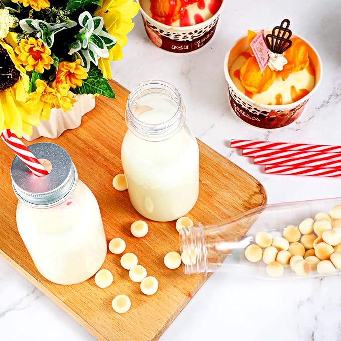Yinkin 60 Sets Plastic Milk Bottles with Straws Lids Clear Plastic Containers for Dairy Milk Party Bottle for Juices Shakes Smoothies (8 oz,Red,White)