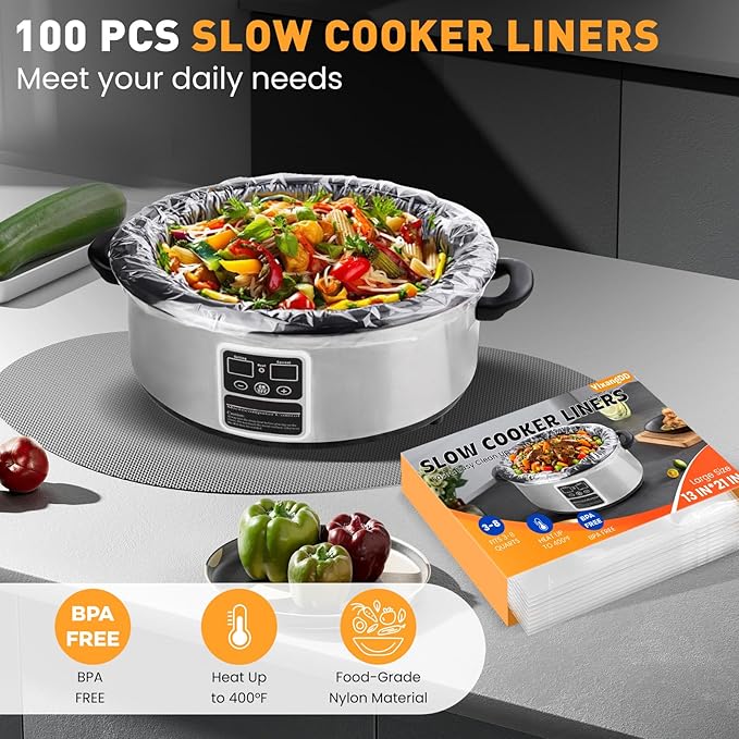 100 Pack Slow Cooker Liners, Large Size 13"x 21" Cooking Bags Disposable Pot Liners, Plastic Slow Cooker Bags Fits 3-8 Quarts, BPA Free, Suitable for Oval & Round Pot