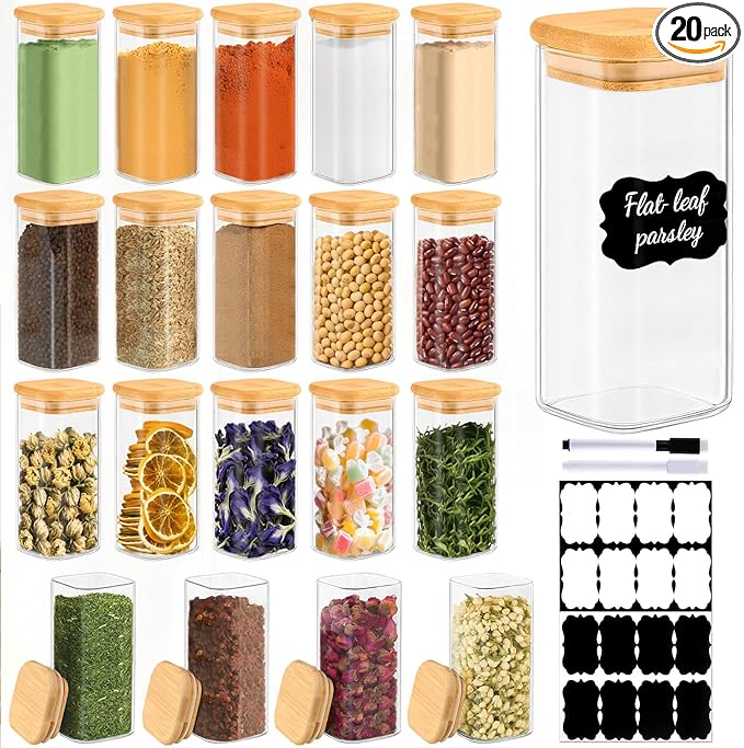 TBWIND 20 Pack 10 oz Square Glass Spice Jars with Lids and Labels – Airtight Small Spice Containers Set, Clear Glass Storage Jars for Seasoning, Spices, Kitchen Pantry Organization