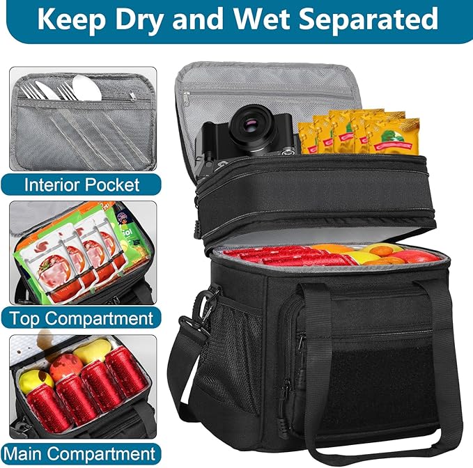 Tactical Lunch Box Cooler Bag - Expandable Insulated Lunch Bag for Men Women - Large Lunchbox for Adults Work Shifts Outdoor Trips Black 16L