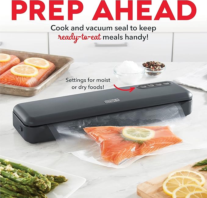 Dash SuperSeal Vacuum Sealer - Airtight Meal Packaging for Sous Vide & Safe Food Storage - Includes Single-Use & Reusable Bags - Gray