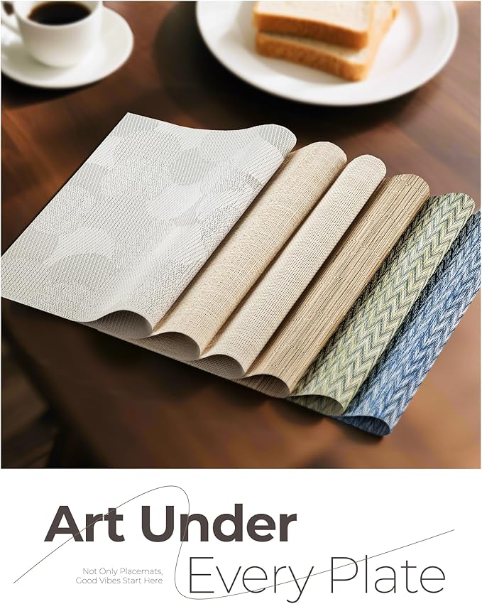 Leetaltree Beige White Placemats Set of 6 - Heat Resistant Non-Slip Place mats for Dining Table, Washable Durable PVC Vinyl Woven Table Mats(Beige White, 6)