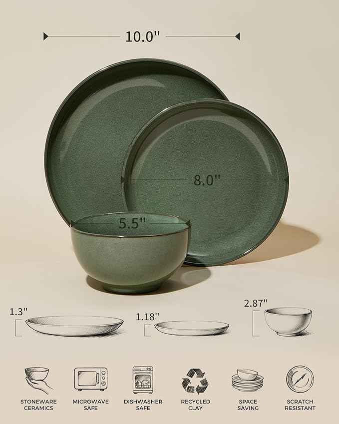 Stoneware Dinnerware Sets, Ceramic Plates and Bowls Set, Microwave & Dishwasher Safe Kitchen Dishes, Modern Dinner Salad Plates | Cereal Bowls, Dishware Sets Service for 4 Forest Green